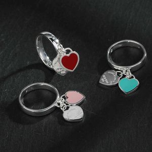 Designer Small tiffay and co 925 Sterling Silver Double Heart Ring with Tee Family Blue Dropped Enamel Couple Love