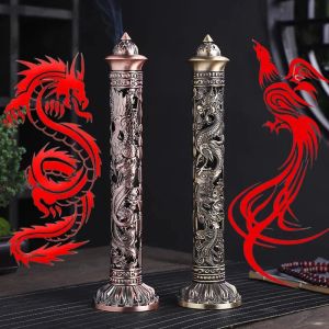 Burners Antique Vertical Incense Burner Retro Metal Chinese Dragon Phoenix Classical Pillar for Incense Sticks Office House Decorations