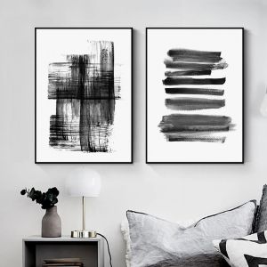 Caligrafia abstrata pinceladas, tinta preta e branca, pinturas em tela, posteres, arte de parede, imagens para sala de estar, decoração de casa