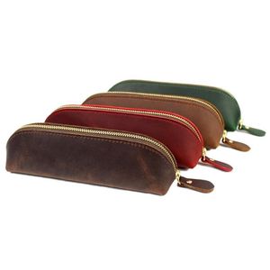 鉛筆バッグヴィンテージレザーペンシルケーススクールオフィスステーショナリーバッグCowe Fountain Pen Box Makeup Brush Pouch Holder 1XBJK2105ドロップDE DH01P