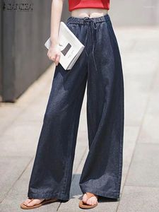 Women's Pants ZANZEA Casual Solid Pant Vintage Denim Long Women Elastic Waist Bandage Wide Leg Trousers 2024 Autumn Loose Office