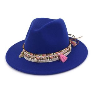 Moda unissex larga lã de lã feltro em chapéus de fedora com fita étnica Cap de jazz de jazz retro estilo panamá panamá trilby3136