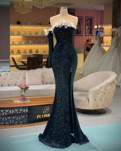 Black Sequined Mermaid Prom Dresses Long Sleeve Crystal One Shoulder Side Split Evening Dress Wear Formal Party Gowns