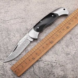 Camping Hunting Knives Damascus Steel Sharp Knife Folding Tactical Knife Outdoor Portable Knife Wood Ebony Fruit Cutter med läderfodral 240312