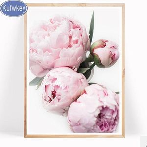 Kufwkey diamant färg fyrkantig rund bild peonies diamant målning mosaik strass broderi rosa blommor väggdekor231g