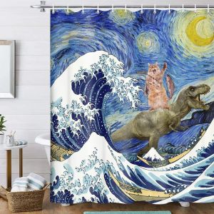 Curtains Funny Dinosaur and Cat In Japanese Kanagawa Waves Shower Curtain Waterproof Fabric Hilarious Bathroom Curtain with 12 Hooks