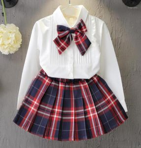 New Christmas Outfits Girls Clothing Sets Casual Girls Dress Set Shirt Top Plaid Knot Tie Plaid Mini Skirt 3 Pcs Set Suits15702999