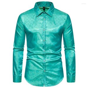 Erkekler Sıradan Gömlekler 2024 Yeşil Jakard Satin Erkek Gömlek Partisi Gece Kulübü Stage Balo Seksi Moda İnce Uygun Uzun Kollu Bluz Homme