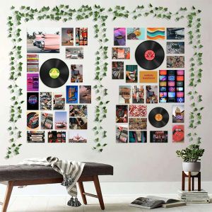 Stickers 48Pcs Vintage Records Poster Retro Aesthetic Wall Collage Kits Art Printing Card Fake Vines Trippy Dorm Bedroom Decor for Teens