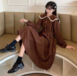 Casual Dresses Japanese Doll Collar Loose Lolita Thin Retro Niche French Corduroy Long Sleeve Dress Female Autumn And Winter Style7042773