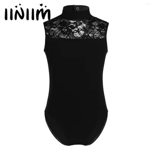 Stage Wear Kids Girls Gymnastics Leotard Dance Tight Fitting Jumpsuit Basic Body Tops Sleeveless Turtle Neck Lace Back Ballet