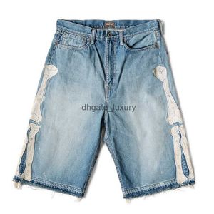 Herren-Jeans KAPITAL Hirata Hohiro, lockere, entspannte Hose, bestickte Knochenwaschung, gebrauchte Denim-Shorts mit rohen Kanten für Männer und Frauen, lässig, 230516