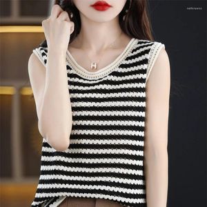 Women's T Shirts T-shirt Summer Cotton Sweater Sleeveless Striped Round Neck Ladies Tops Loose Blouse Fashion Pullover Tees
