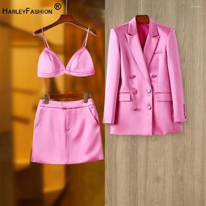 Duas peças vestido mulheres rua design rosa cetim 3pcs blazer define elegante mini saia impressionante senhora ternos de alta qualidade