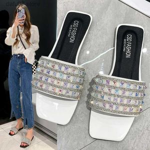 Slippers Sandals women wear 2022 new summer fairy Feng Shui Diamond Fashion flat bottom square head large shoesH240313