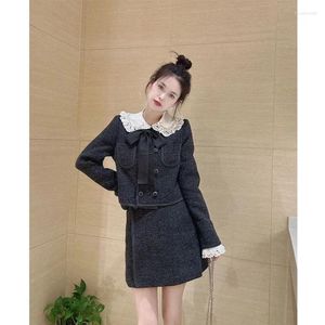 Work Dresses French Sweet Doll Neck Coat Skirt Two Piece Set Women Fashion Double Breasted Lace Splice Temperament Chic Slim Spring Suit