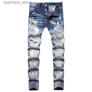 Jeans masculinos d2 homens crachá rasga estiramento roxo jeans homens moda slim fit lavado motocycle denim calças painéis hip hop calças l240313