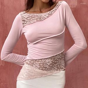 Women's T Shirts Fairy Coquette Y2K Korean Crop Top Vintage Lace Patchwork T-shirt Elegant Lady Long Sleeve Irregular Hem Tees Chic Women