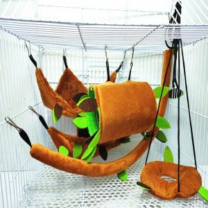 Cages 5 Pcs/Set Ropeway Nest Forest Hamster Hammock Soft Toys Leaf Tunnel Toy Hanging Bed House Warm Cage Pet Stump Small Pet Toy
