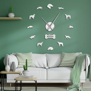 Borzoi espelho efeito adesivos números relógio de tempo wolfhound russo grande decoração parede diy relógio russkaya psovaya borzaya gif290w