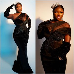 2024 African Plus Size Aso Ebi Prom Dresses Black Long Evening Dresses One Shoulder Appliqued Beaded Lace Velvet Birthday Gowns for Black Women Engagement Gown AM507