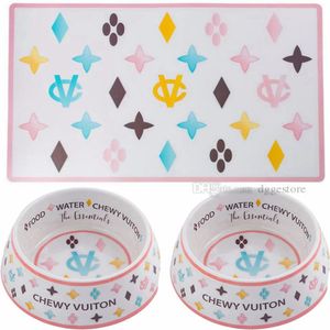 Designer Dog Bowls and Placemats Set Food Grade Non-Skid BPA- Chip-Proof Tip-Proof Dishwasher Safe Malamine Bowls with Fun Bra255H