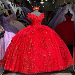 Red Quinceanera klänningar bollklänning från axel puffy söt 16 klänning 3d rosblommor kändis party klänningar examen