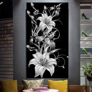 Стичка черные белые цветы Lily Diy 5D Diamond Painting Cross Kits Diamond Emsodery Stute Life Plant 3D Большое искусство S346