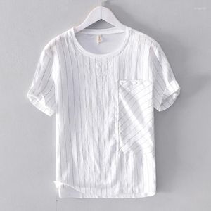 Herr t skjortor linne sömnad randig kortärmad t-shirt solid vit män mode topp thirt manlig camisa kemis camiseta
