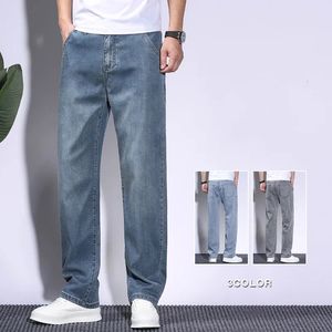 Verão macio lyocell tecido mens jeans fino solto calças retas cordão elástico cintura coreia calças casuais plus size 2842 240305