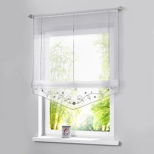 Cortinas Cortina Romana Floral Bordado Cortina de Janela Transparente Para Cozinha Sala de estar Voile Painel de Triagem 1 Pçs/lote Com Cintos de Fita