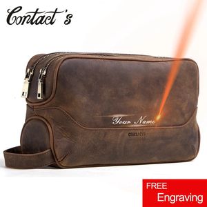 Contacts Genuine Leather Cosmetic Bag Men Luxury Large Capacity Makeup Pouch Organizer Travel Vintage Toiletry Bags Storage 240227