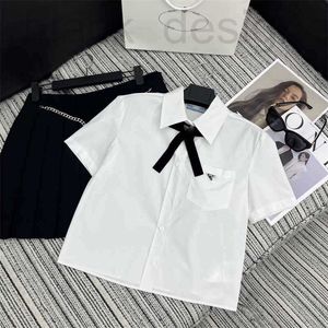 Women's Blouses & Shirts designer 2024 early spring new minimalist age reducing inverted triangle logo bow embellishment lapel short sleeved shirt for women Q97P