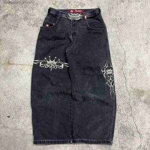 Men's Jeans Streetwear JNCO Jeans Y2K Pants Mens Harajuku Retro Hip Hop Graphic Baggy Jeans Black Pants Gothic High Waisted Wide Trousers L240313