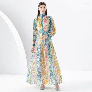 Casual Dresses 2024 Style Fashion Elegant Loose Women's Stand Collar Lantern Sleeve Wave Kant Long Painted Print Dress