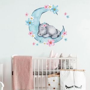 Watercolor Sleeping Baby Elephant on the Moon Wall Stickers With Flowers for Kids Room Baby Nursery Room Wall Decals PVC257D