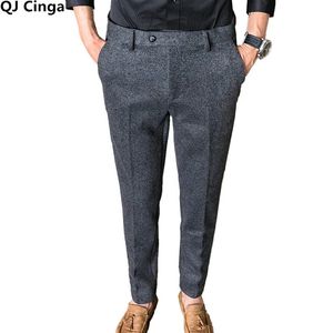 Qj cinga cinza calças de lã dos homens outono inverno calças grossas homens fino negócios pantalones hombre moda calças 2836 240305