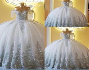 Luxury White Beaded Quinceanera Dresses Crystals Off the Shoulder Sparkly Sequins Appliqued Custom Made Sweet 16 Birthday Party Pr8418867