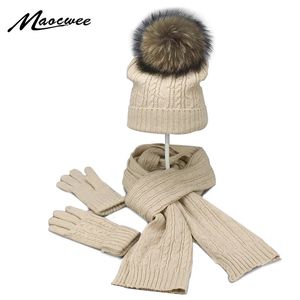 Real Fur Pompom Winter Knitted Hats For Women Hat Scarf Glove Set 3 Piece Sets Twist stripes Cap Gorros Bonnet Beanie Skullies 240227