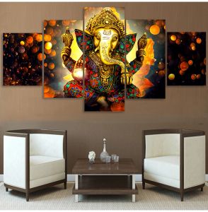 Kaligrafia drukowana 5 -częściowa sztuka płótna hindusko bóg ganesha słonia malarstwo hindugodcanvas dropshipping canvas Art up1931b