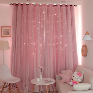 カーテンダブルレイヤー星ブラックアウトカーテン子供用ピンクのタルリビングルームの女の子の寝室の窓のトリートメントのための薄いカーテン
