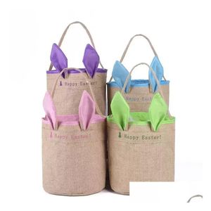 Flores decorativas grinaldas serapilheira feliz páscoa cesta com orelhas de coelho cestas juta balde sacola bonito ovos presente diy bolsa coelho p ott0y