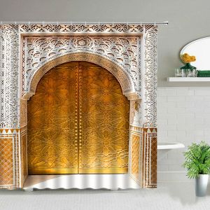 Curtains Moroccan Retro Antique Arched Doors Shower Curtains Old Vintage Wooden Door Bathroom Waterproof Fabric Bath Curtains with Hooks