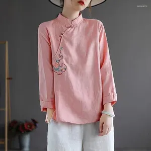 Roupas étnicas Tradicional Chinês para Mulheres Camisa de Manga Longa Algodão Linho Hanfu Qipao Senhoras Top