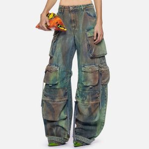 Women Tie Dye Washed Denim Cargo Big Multi-pockets Straight Jeans Loose Trousers Cool Hiphop Lady Baggy Pants Streetwear