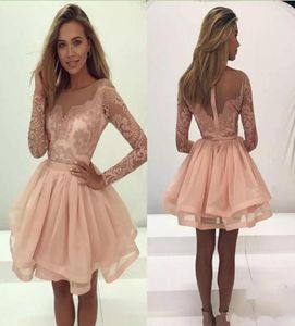 2019 Elegant nya rena långa ärmar Lace Applique Homecoming Dresses Scoop Organza Mini Prom Party Dress A Line Cocktail Club Wear4934156