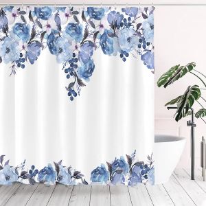 Curtains Aesthetic Blooming Floral Shower Curtain Watercolor Pink Flowers Green Leaves Tropical Home Room Decor Fabric Bathroom Curtain