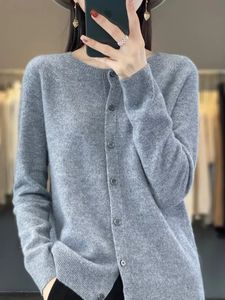 High Quality Round Neck Long Sleeve Cashmere 100% Merino Wool Cardigan Women Sweater Coat Top Cardigans Outwear Fashion N206 240227
