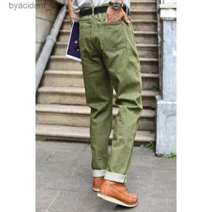 Men's Jeans Saucezhan Men Jeans Vulcanization Olive Green 107 Selvedge Denim Jeans Men washed Slim Fit 14 Oz Zipper Fly L240313