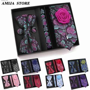 Neck Ties 63 Styles Tie Handkerchief Cufflink Bowtie Set With Box Gift For Men Necktie Holiday Suit Paisley Print Wedding Office Accessori L240313